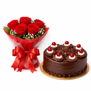 5 Roses with Chocolate Cake
